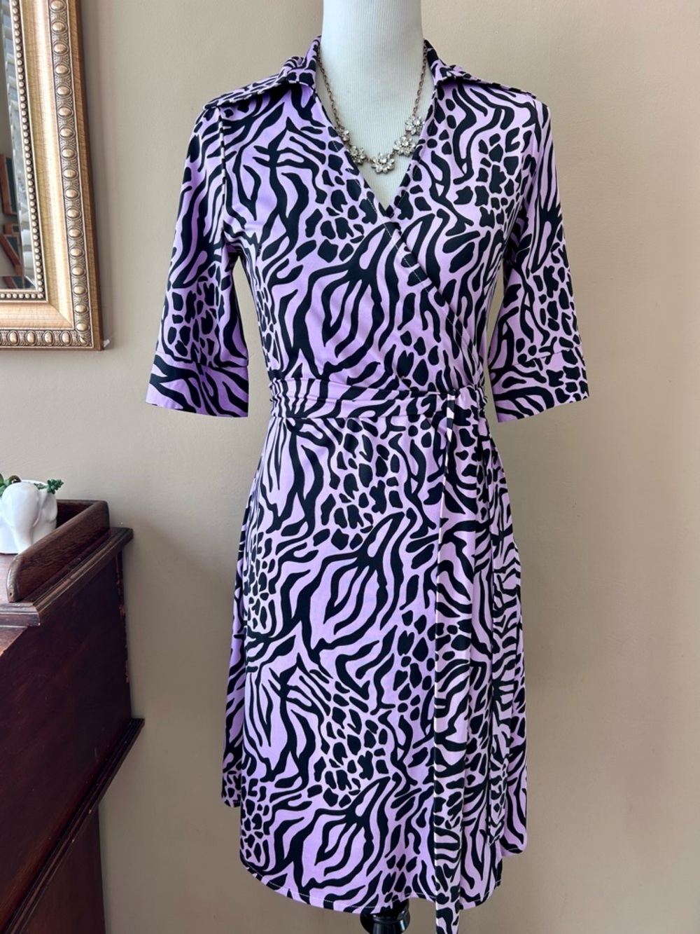 Diane Von Furstenberg Leopard Julie Jeanne 3/4 Sleeve Silk Wrap Dress S